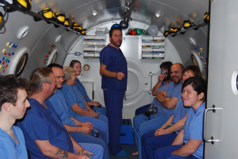 Getting ready for the dry dive, in the hyperbaric chamber